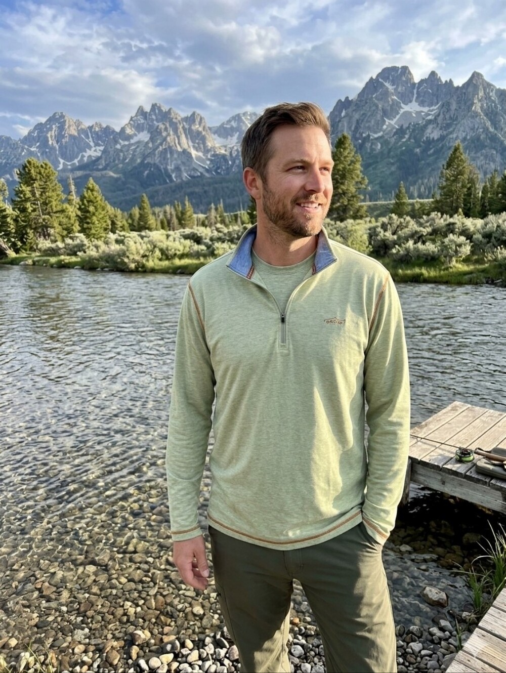Orvis Sage Green Quarter-Zip Pullover with Tan Accents